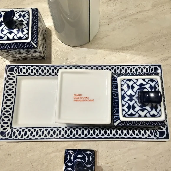 Bombay Blue and White Ceramic Condiment Canister Set W Tray - Picture 8 of 9